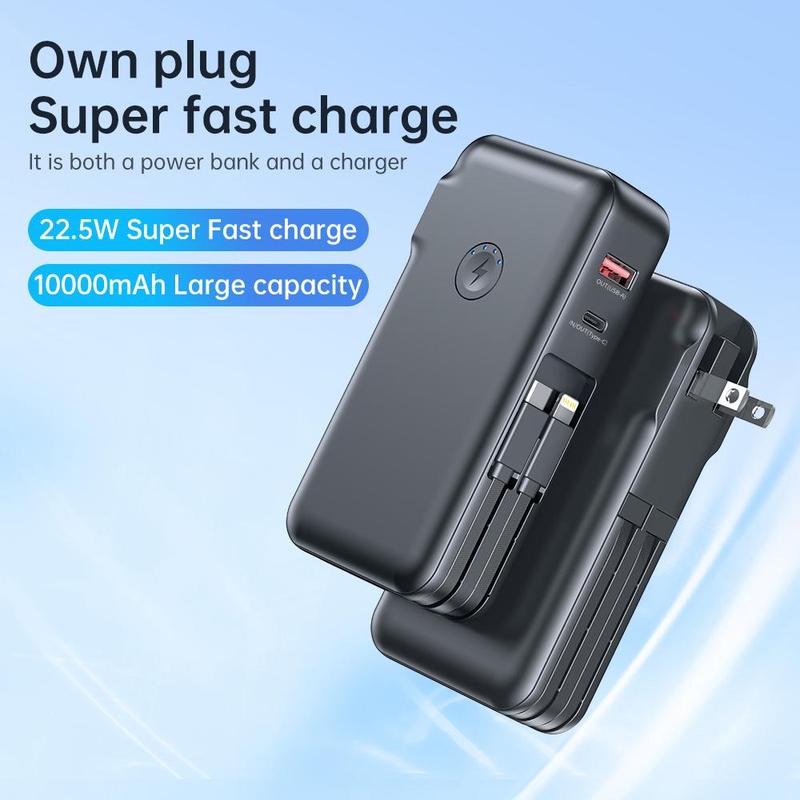 10000mAh Power Bank with Built-in Cable & US Plug, PD3.0 QC4.0 22.5W Fast Charging Power Bank Suitable for iPhone & Pad & Other Electronic Devices, Stocking Fillers Gift