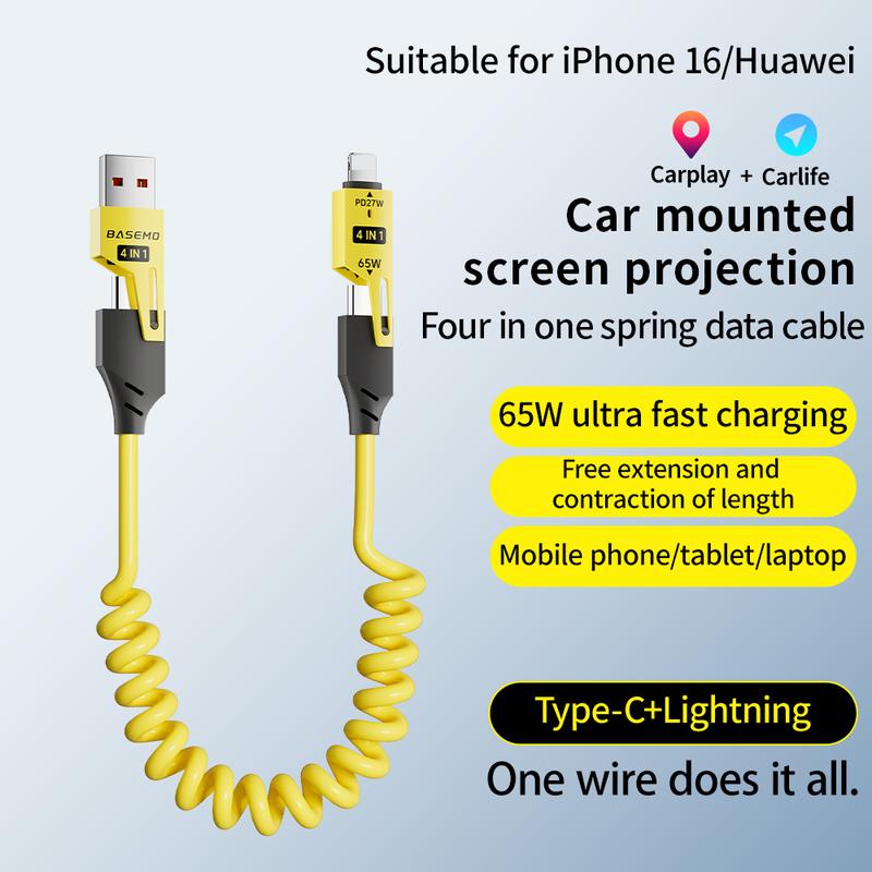 Portable car charging cable, extendable car charging cable, iPhone C-type charging cable, dual port four in one charging cable, four in one