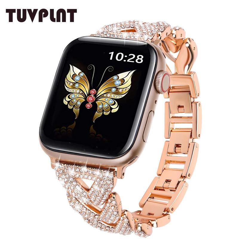 TUVPLNT Rhinestone Decor Watch Band (Band Only), Bling Watch Band for Apple Watch Series 9 8 7 6 5 4 3 2 1 SE, Fashion Wearable Accessories for Apple Watch Bands 38mm to 45mm, Birthday Gifts