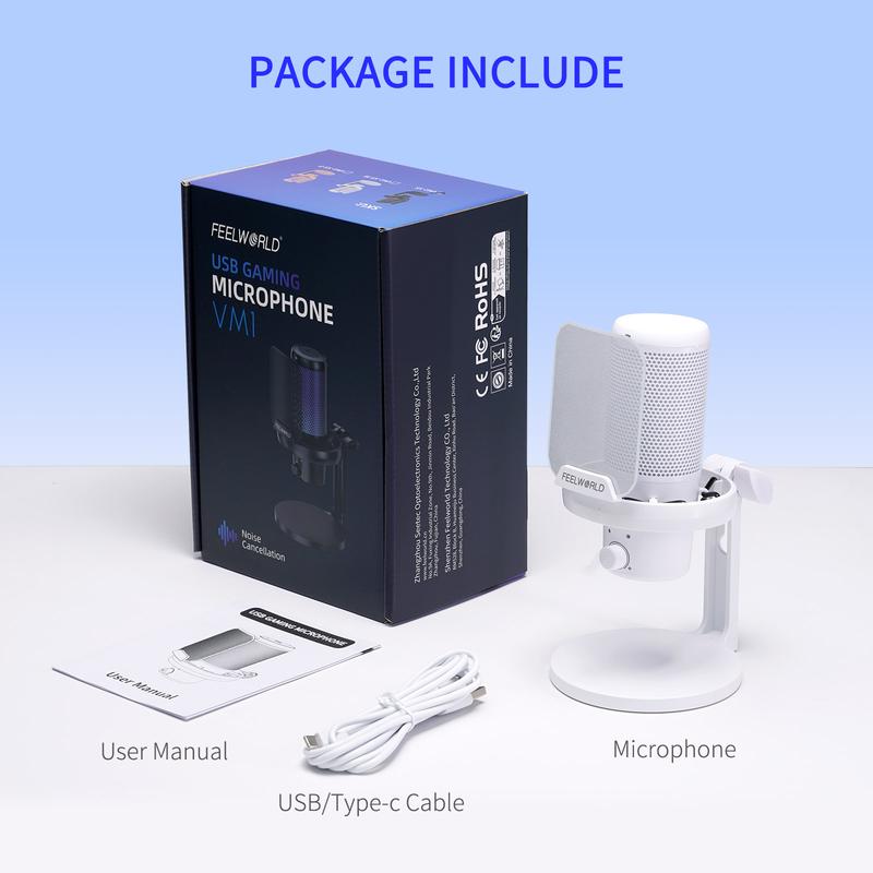 FEELWORLD VM1 White Gaming PC USB Microphone Condenser Mic Noise Cancellation RGB Light Mute, Computer Accessories for Gamer YouTube Twitch Podcast Streaming Recording Chat PS4 PS5