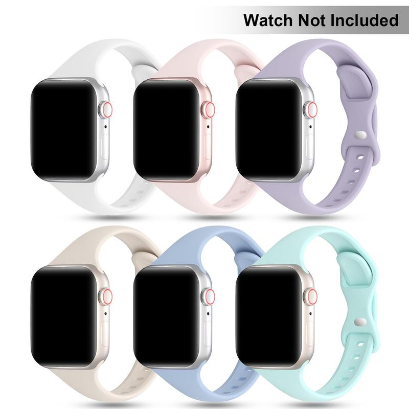 Summer Silicone Thin Watch Band (Band Only), 6 Counts Sports Wristband, Smart Watch Replacement Accessories for Apple Watch Bands Series 9 8 SE 7 6 5 4 3 2 1, Wearable Accessories