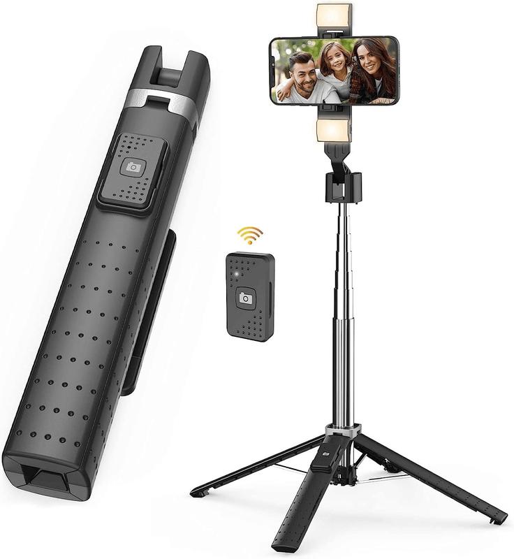 41 Selfie Stick Tripod Quadrapod with 2 Rechargeable Fill Light, Extendable Tripod with  Remote, Stainless Steel, 3 Light Modes, 9 Brightness Levels, Compatible for All iPhone & Android