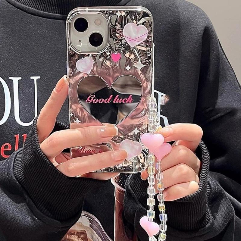 Heart Mirror Design Phone Case With Lanyard, Fashionable Ruffled Heart Mobile Phone Case, Decorative Phone Protective Cover Compatible With 8 XR 11 12 13 14 15 Plus 15 Pro Max, Smartphone Case