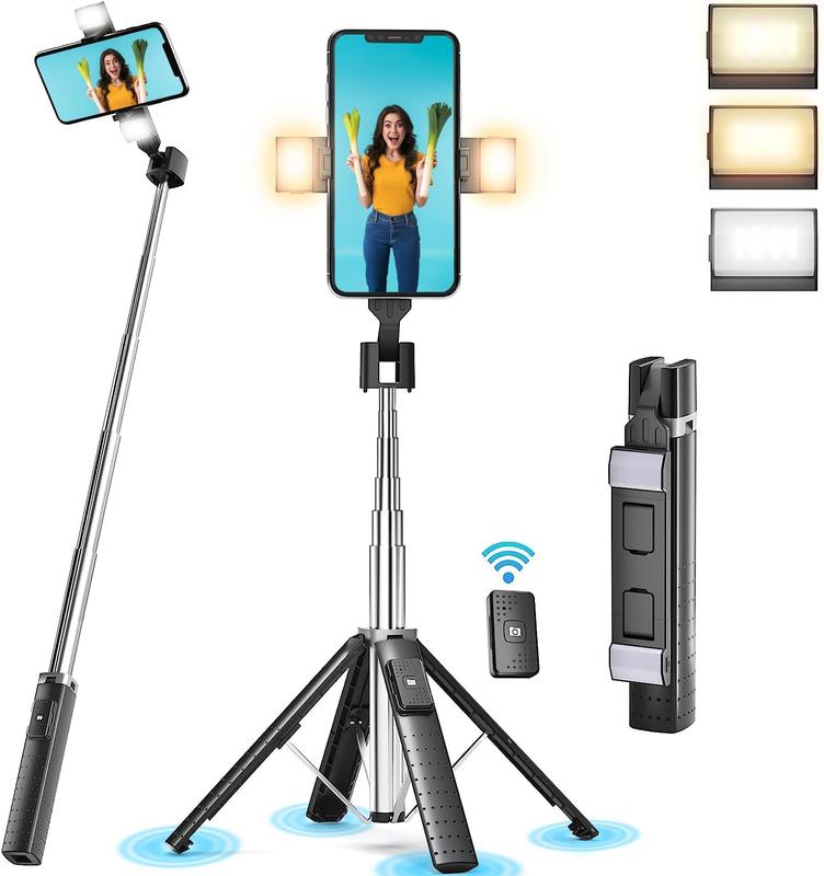 41 Selfie Stick Tripod Quadrapod with 2 Rechargeable Fill Light, Extendable Tripod with  Remote, Stainless Steel, 3 Light Modes, 9 Brightness Levels, Compatible for All iPhone & Android