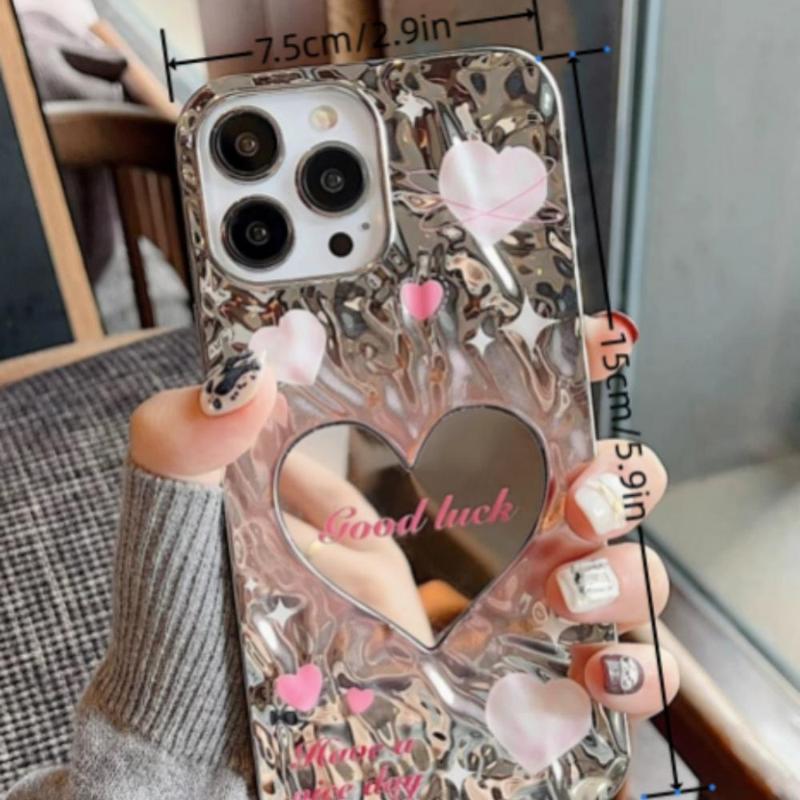 Heart Mirror Design Phone Case With Lanyard, Fashionable Ruffled Heart Mobile Phone Case, Decorative Phone Protective Cover Compatible With 8 XR 11 12 13 14 15 Plus 15 Pro Max, Smartphone Case