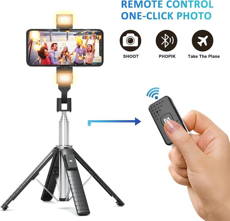 41 Selfie Stick Tripod Quadrapod with 2 Rechargeable Fill Light, Extendable Tripod with  Remote, Stainless Steel, 3 Light Modes, 9 Brightness Levels, Compatible for All iPhone & Android