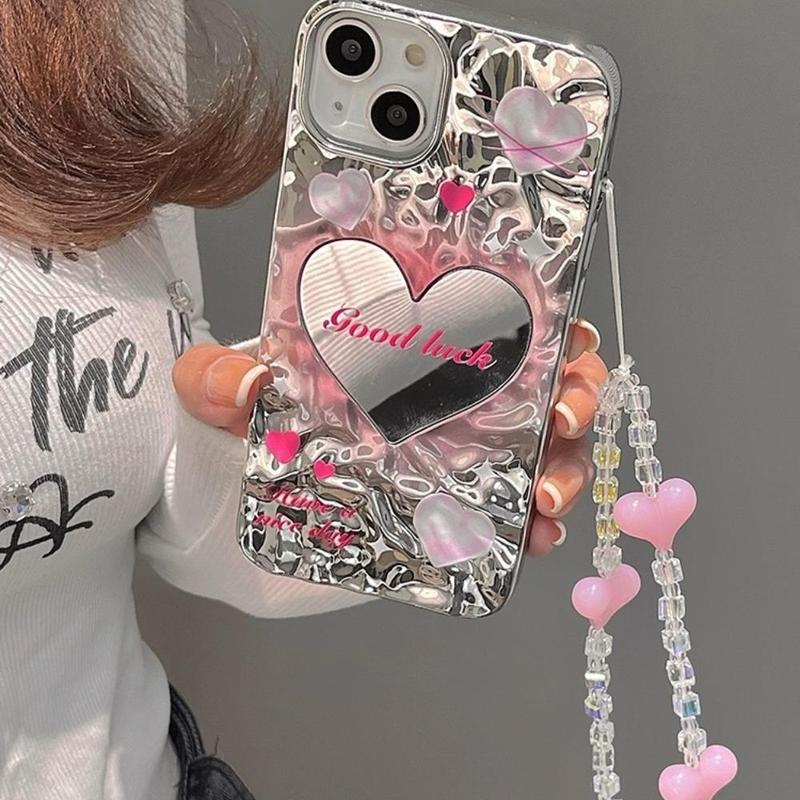 Heart Mirror Design Phone Case With Lanyard, Fashionable Ruffled Heart Mobile Phone Case, Decorative Phone Protective Cover Compatible With 8 XR 11 12 13 14 15 Plus 15 Pro Max, Smartphone Case