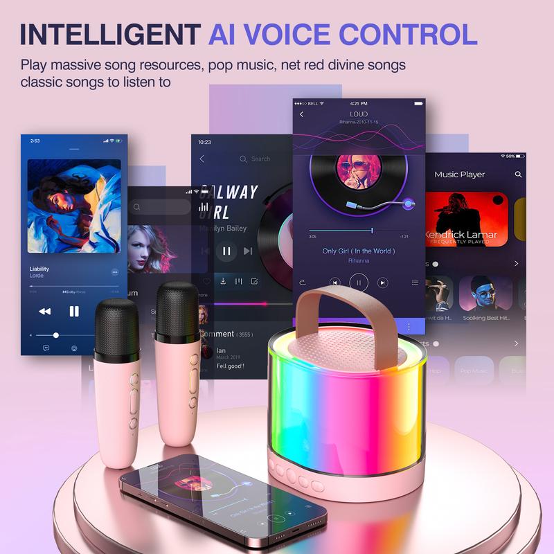 Mini Bluetooth portable karaoke machine. Wireless dual microphone. A nice little gift for your friend or friends. Connecting your smartphone is easy Audio