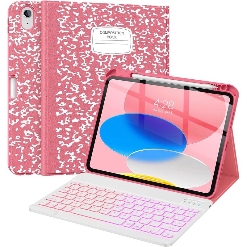 Keyboard Case for iPad 10th Generation 10.9 Inch with Pencil Holder-[Multi Viewing Angles],7 Colors Backlit  Detachable Folio Keyboard Cover for iPad 10th Gen 2022-Watermelon