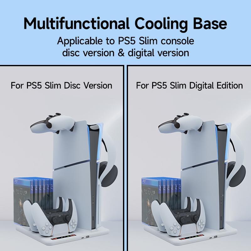 Cooling Station with Dual Controller Charger, Multi-functional Console Stand with Cooling Fan, Controller Stand, Console Accessories for PS5 Slim