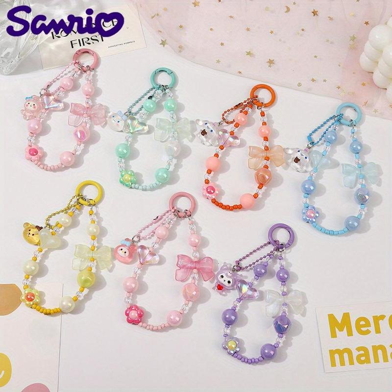 Sanrio Cute Bowknot Design Beaded Phone Chain, Short Phone Lanyard, Phone Strap for Women & Girls, Fashion Phone Decoration Accessories