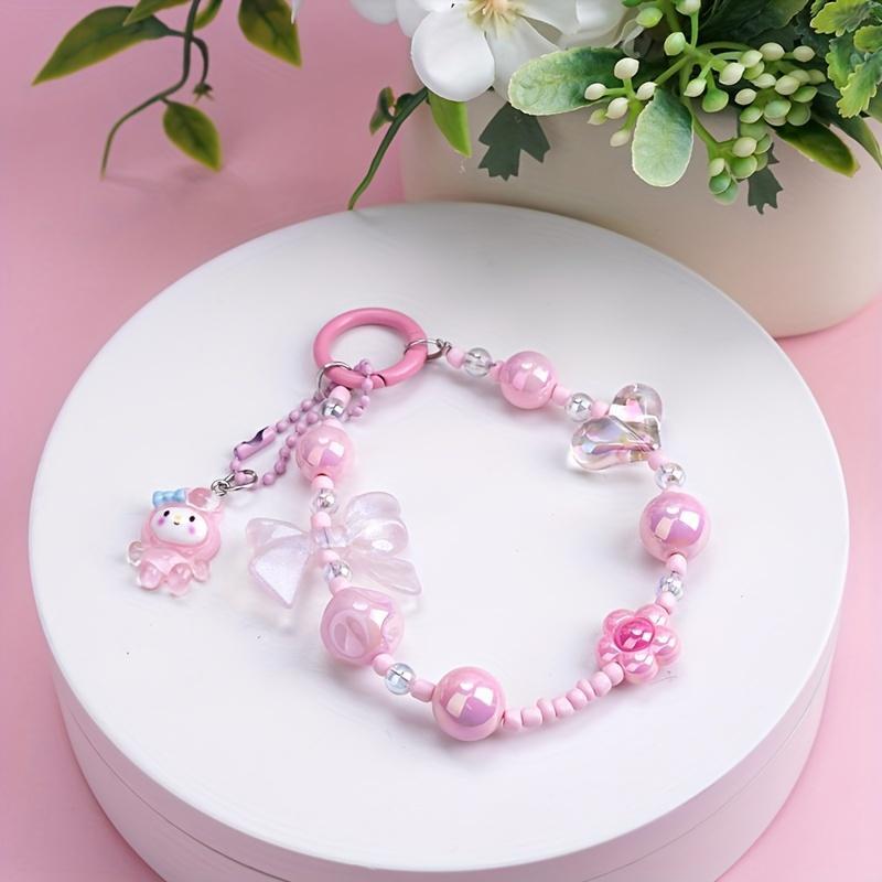 Sanrio Cute Bowknot Design Beaded Phone Chain, Short Phone Lanyard, Phone Strap for Women & Girls, Fashion Phone Decoration Accessories