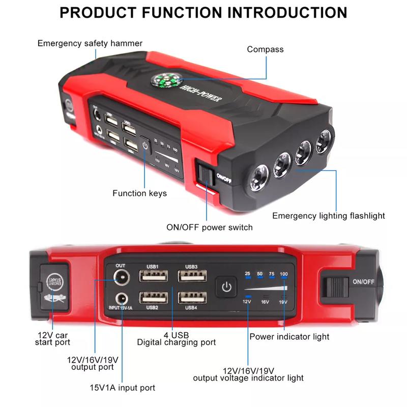 99800mAh Portable Power Station - Car Starter Battery Charger with Flashlight, Compass, and Emergency Power for Mobile Phones, Cars, Motorcycles, Yachts, and Outdoor Activities - Durable and Water-Resistant Design for Reliable Charging on-the-go