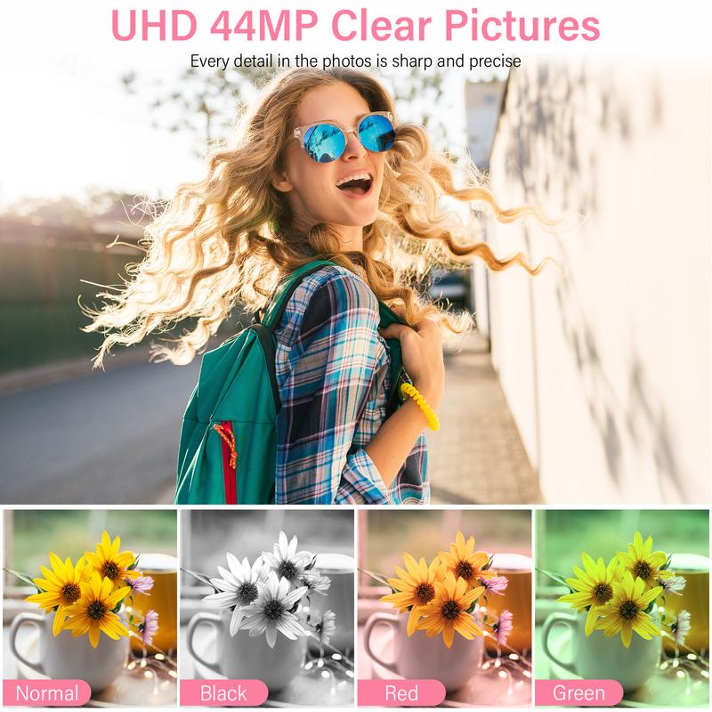 Flash Sale Pink 44MP Mini 4K HD Digital Camera 2.4 Inch Screen Point & Shoot Camerawith 32G SD Card, Data Cable & Battery, LED Fill Light for OutdoorSports Music Festival only pink color available