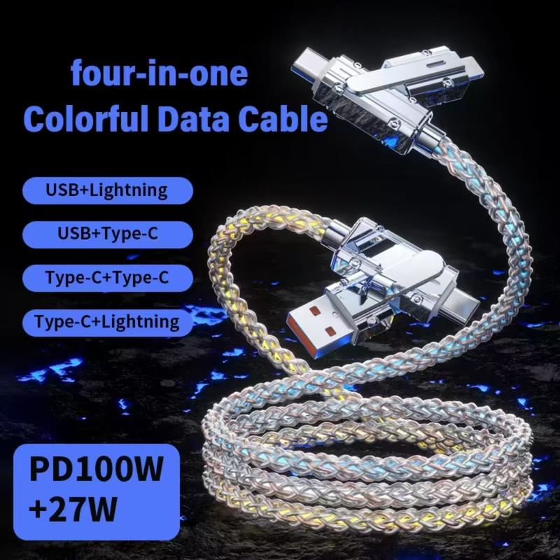 100W 4-in-1 Charging Cable. Streamer Charging Cable. Starlight-Mech Data Cable. USB+Type C+Lightning. Multi-functional Aluminum Alloy, Compatible