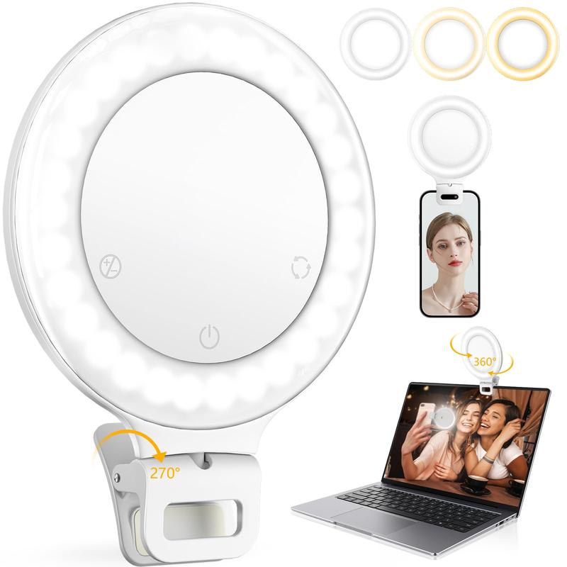 Ring Light, 3 Light Mode Selfie Light, Rechargeable Large Capacity Battery Portable 60 LED Adjustable Brightness Clip on Light for Phone, iPad, Laptop, for Makeup, TikTok, Photography, Vlog, YouTube