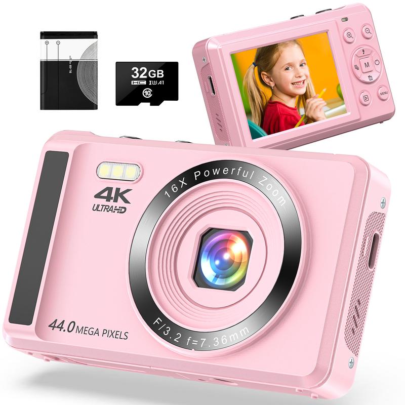 Flash Sale Pink 44MP Mini 4K HD Digital Camera 2.4 Inch Screen Point & Shoot Camerawith 32G SD Card, Data Cable & Battery, LED Fill Light for OutdoorSports Music Festival only pink color available