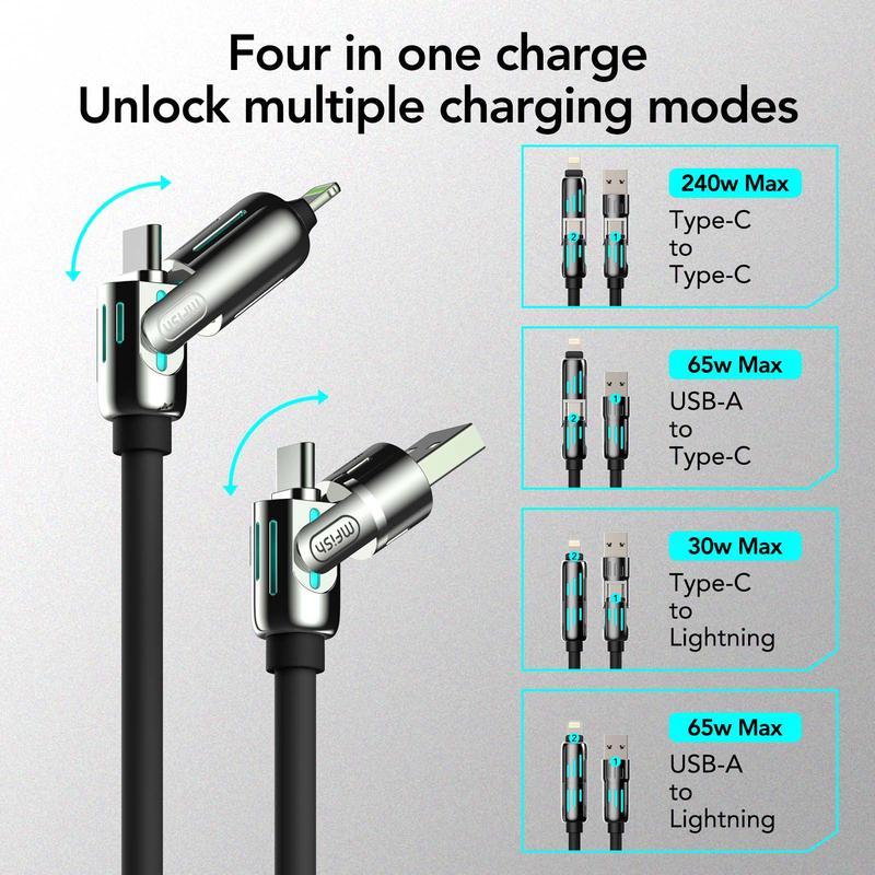 4-in-1 Universal USB Charging Cable - MAX 240W Fast Charging Charger Cord with USB A+Type C+Lightning for iPhone 16 15 iPad, Samsung Galaxy Devices Connector Smartphone Electronic Cellphone Mobile Connector Smartphone，charger 4-in-1 usb-c data cable