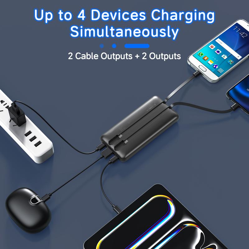 Portable Charger with Integrated Cables, Slim 10000mAh Travel Battery Pack, 4 Outputs 2 Inputs, 22.5W Fast Charging Power Bank for Samsung, Google Pixel, LG, Moto, iPhone, iPad