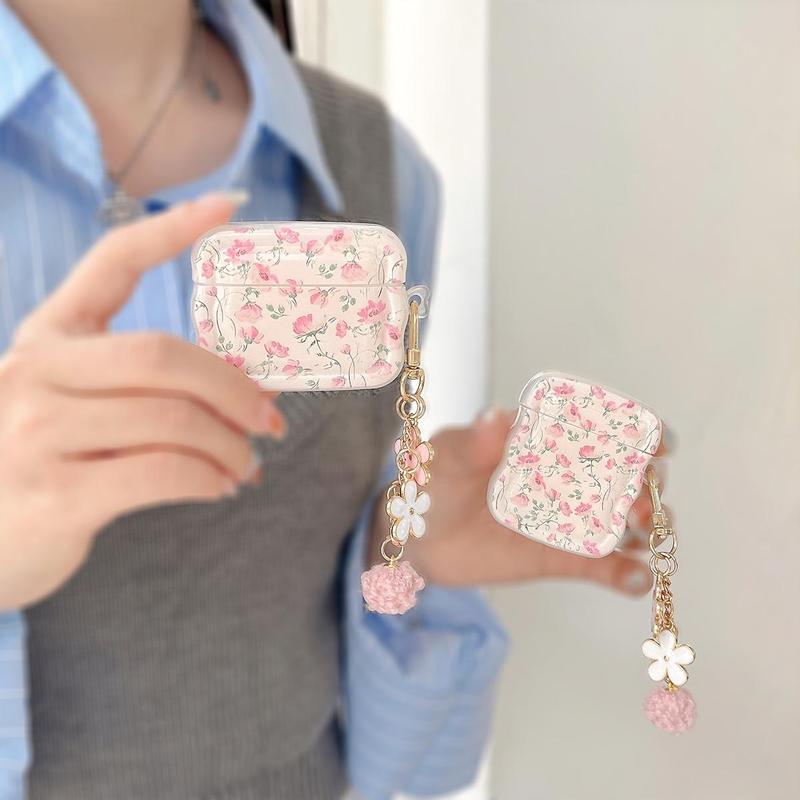 Floral Pattern Earphone Case with Keychain, 1 Count Anti-fall Soft TPU Earphone Protective Cover, Earphone Accessories Compatible with AirPods