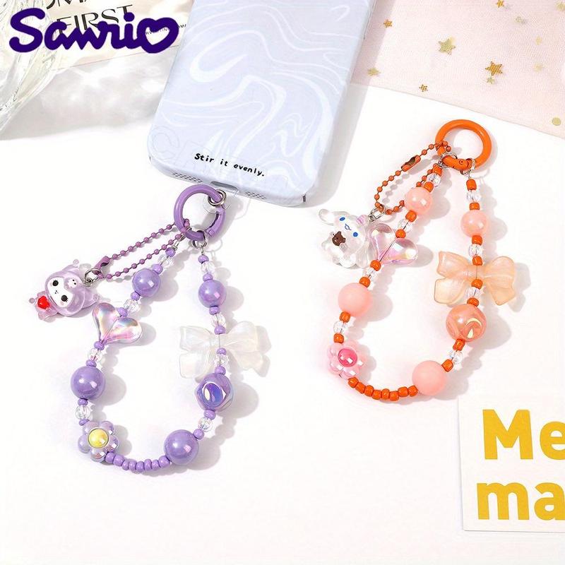 Sanrio Cute Bowknot Design Beaded Phone Chain, Short Phone Lanyard, Phone Strap for Women & Girls, Fashion Phone Decoration Accessories