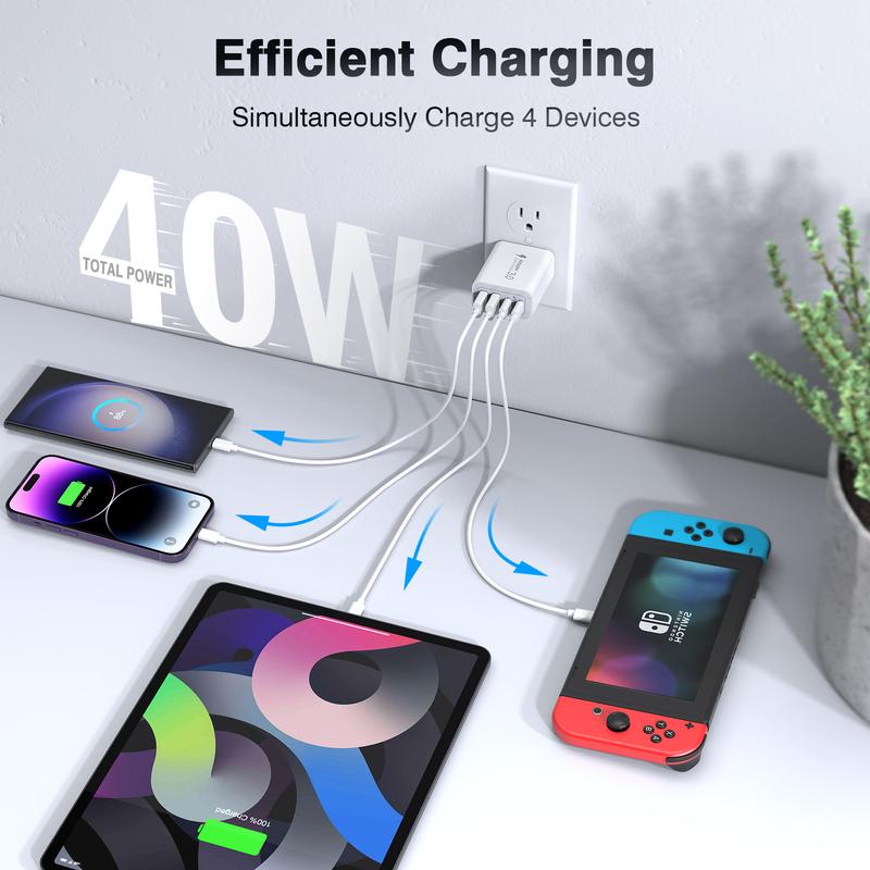 40W USB C Charger Cube 4 Port PD+QC Power Adapter Wall Plug Fast Charging Block Multiport Brick Type C Box for iPhone 16 15 Pro Max 14 13 12 SE SE X, iPad, Airpods, iwatch, Samsung Galaxy Christmas Gifts