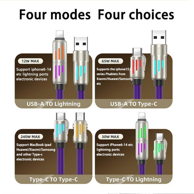 240W 4-in-1 USB-C Data Cable with Storage Bag,USB-A Type-C Multifunctional Zinc Alloy 240W Data Cable for iPhone 15 14 Mobile iPad Pro,Charging Cable for Phone