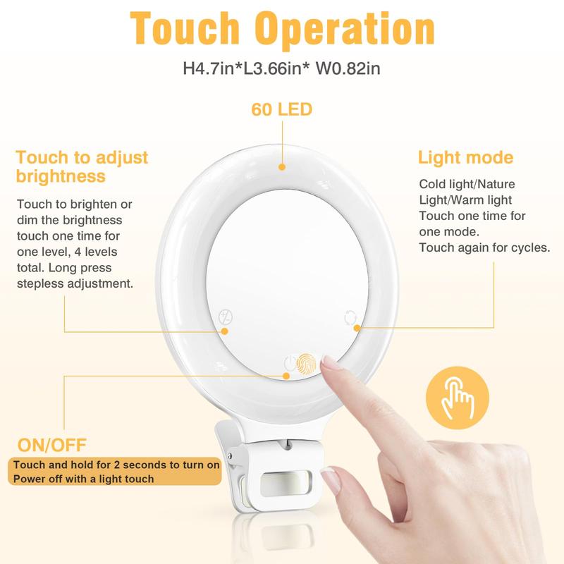 Ring Light, 3 Light Mode Selfie Light, Rechargeable Large Capacity Battery Portable 60 LED Adjustable Brightness Clip on Light for Phone, iPad, Laptop, for Makeup, TikTok, Photography, Vlog, YouTube