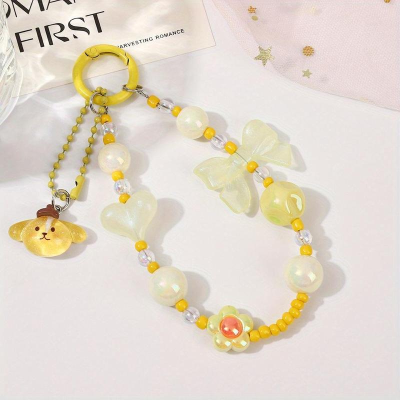 Sanrio Cute Bowknot Design Beaded Phone Chain, Short Phone Lanyard, Phone Strap for Women & Girls, Fashion Phone Decoration Accessories