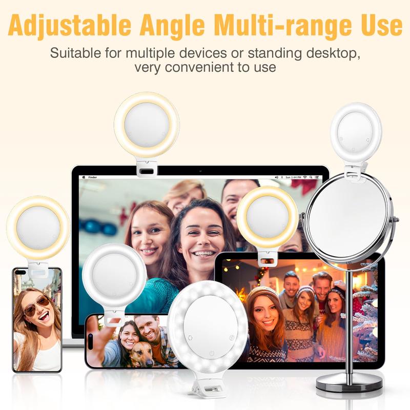 Ring Light, 3 Light Mode Selfie Light, Rechargeable Large Capacity Battery Portable 60 LED Adjustable Brightness Clip on Light for Phone, iPad, Laptop, for Makeup, TikTok, Photography, Vlog, YouTube