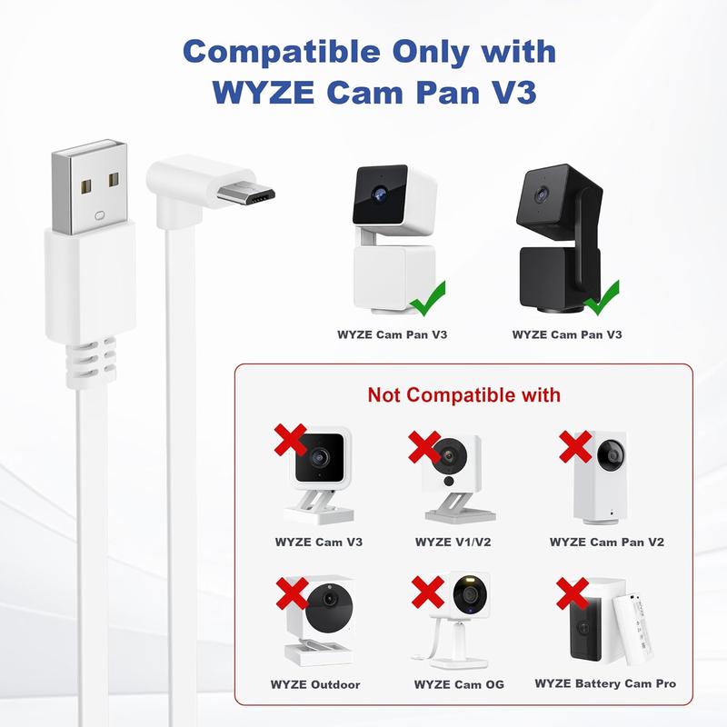 WYZE Cam Pan V3 Charger Cable 30FT 2Pack, Micro USB Extension Cord 90 Degree Power Adapter L-Shaped Long Flat Charging for WYZE Pan V3 Outdoor Camera