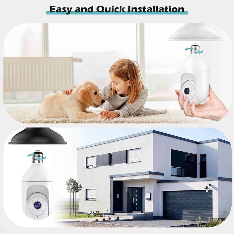 Wireless Light Bulb Security Camera, 2K HD 5G 2.4GHz WiFi Dual-Band Screw in E27 Light Socket Security Camera Indoor Outdoor, 360° Motion Detection, Color Night Vision