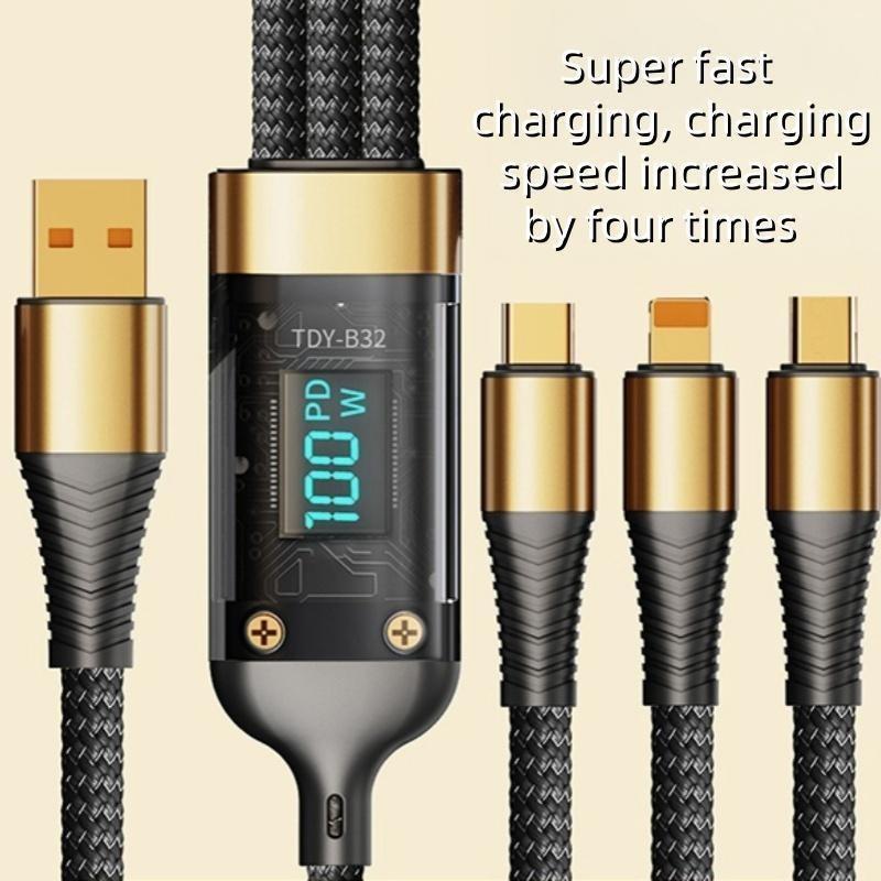 3-in-1 USB Type-C Charger Cable, Durable Fabric Round Cable with Digital Display, Fast Charging Cable for iPhone, Android Phone, Tablet