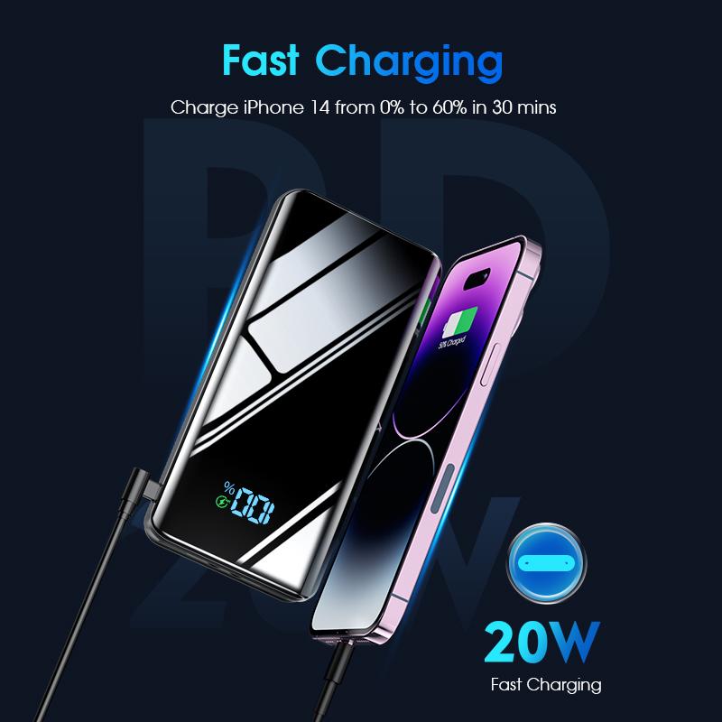 20000mah Rechargeable lithium Battery Power Bank, External Charger USB C 20W SCP 22.5W Quick  Function, Slim Design Powerful Power bank with Flashlight and Digital Display for Smartphone, Tablet, Fall Camping