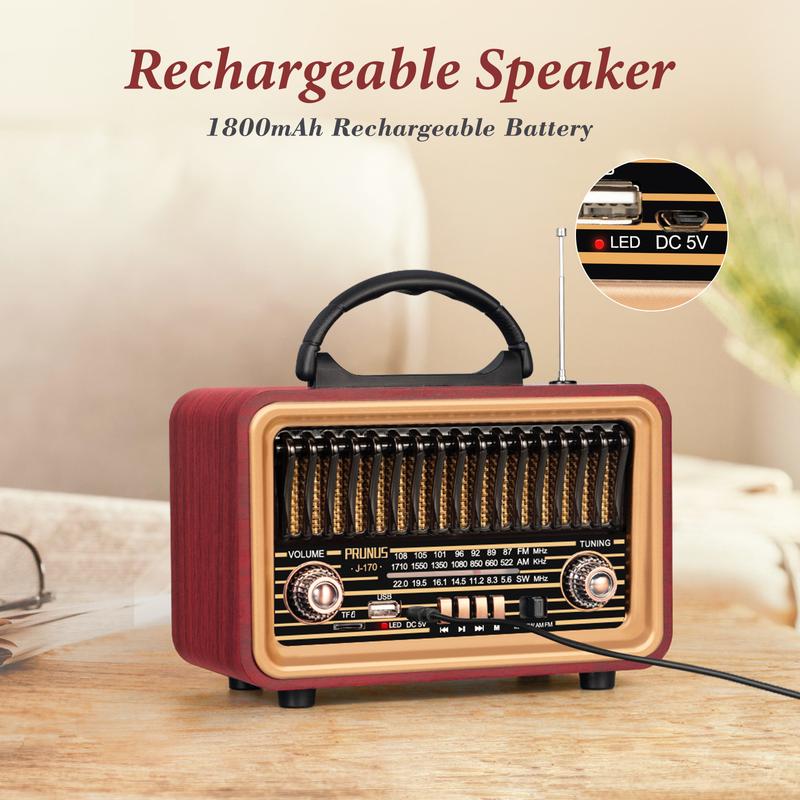 PRUNUS J-170 Retro Bluetooth Radio with Rich Bass Speakers,Portable Wireless Speakers AM FM Radio with USB, TWS Pairing, BT5.0, TF Card & MP3 Player for Home Party Outdoor Gift