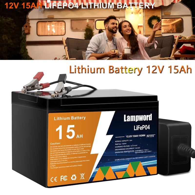 Camping Lithium Battery 12V 15Ah LiFePO4 Battery 4000+ Deep Cycle Rechargeable Batteries With Charger 10-Year Lifetime, Low Self-Discharge, for Fish Finder, Fans, Toys, LED Light, Security Camera