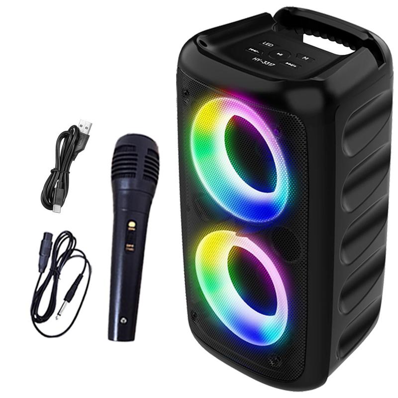 Portable Wireless Speaker with Microphone, Rechargeable Stereo Sound Sub Woofer Speaker with RGB Colorful LED Lights, Karaoke Machine Sound System