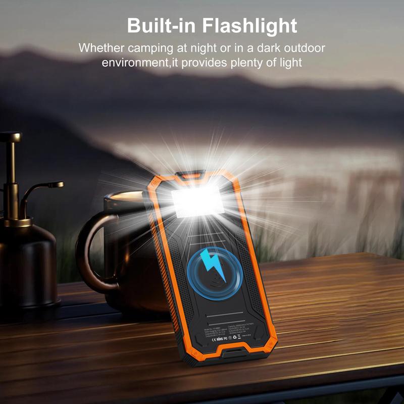 20000mAh Wireless Solar Powered Phone Charger, Waterproof Power Bank with Dual USB Port, Power Bank with LED Flashlight for iPhone Smartphones Tablet