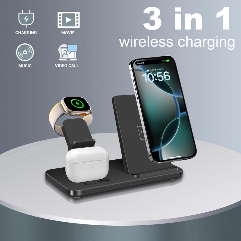 3 in 1 Charging Station for iPhone, Wireless Charger for iPhone 16 15 14 13 12 11 X Pro Max & Apple Watch - Wireless Charging Station for AirPods 4 3 Pro