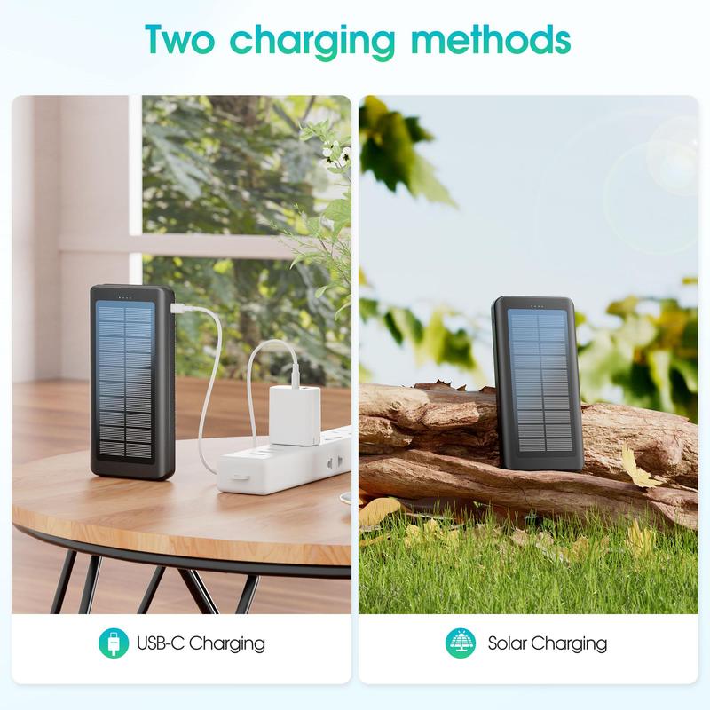 20000mAh Portable Solar Powered Power Bank, Lightweight Solar Powered External Battery Pack, Built-in Lighting Power Bank for Office & Travel