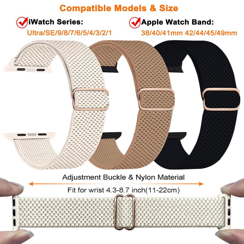 Stretch Nylon Watch Band Compatible With Apple Watch Ultra SE 9 8 7 6 5  4 3 2 1 (Band Only), 3 Counts Solid Color Adjustable Elastic Watch Band For Men & Women, Smart Watch Accessories