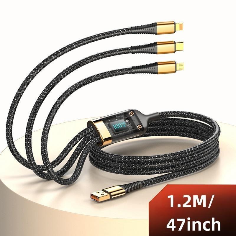 3-in-1 USB Type-C Charger Cable, Durable Fabric Round Cable with Digital Display, Fast Charging Cable for iPhone, Android Phone, Tablet