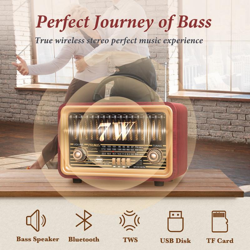 PRUNUS J-170 Retro Bluetooth Radio with Rich Bass Speakers,Portable Wireless Speakers AM FM Radio with USB, TWS Pairing, BT5.0, TF Card & MP3 Player for Home Party Outdoor Gift