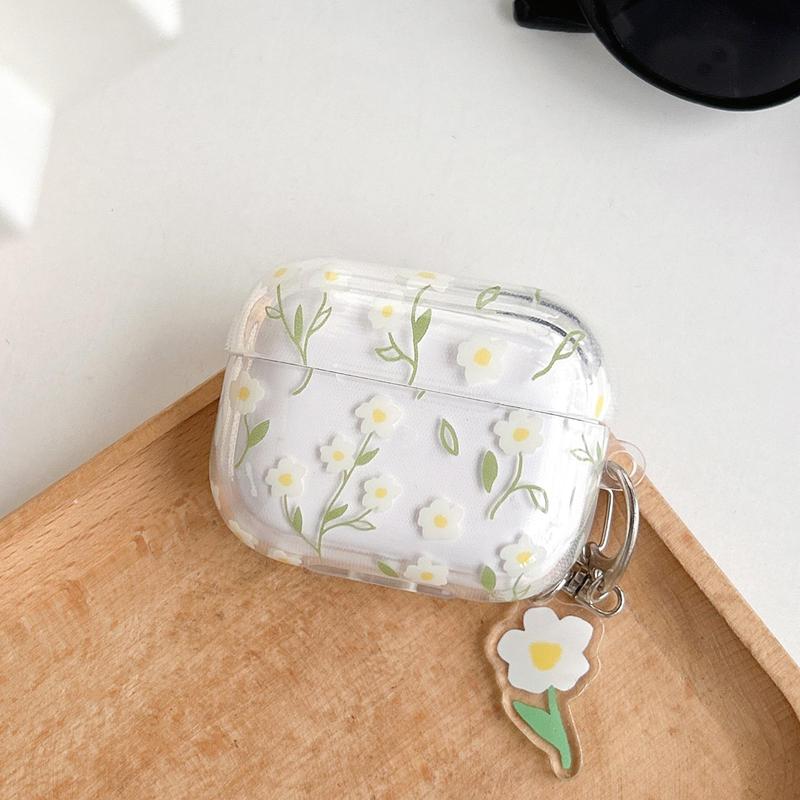 Floral Pattern Earphone Case with Keychain, Anti-fall Decorative Earphone Protector Cover Compatible with Airpods, 1 Count TPU Clear Earphone Protective Case with Keychain for Airpods 1 2 3 Pro