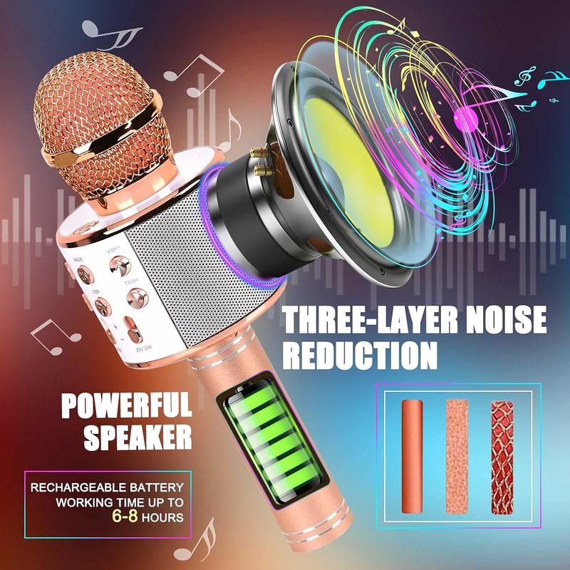 Wireless BT Karaoke Microphone, 5-in-1 Portable Handheld Karaoke Mic Speaker Player Recorder with Adjustable Remix, Portable Microphone for Boys & Girls