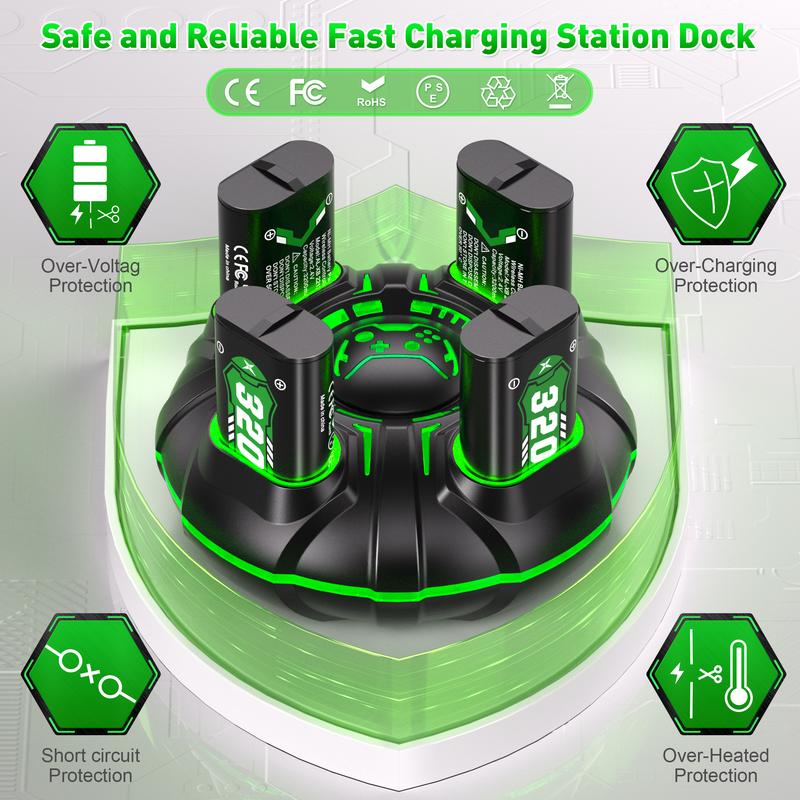 Ponkor 4×3200mAh Rechargeable Battery Pack for Xbox Controller - Ponkor High-Capacity Fast Charging Batteries, Long-Lasting Power, Durable and Reliable Charger Station, Compatible with Xbox One, Xbox One Elite, Xbox One S X, Xbox Series S X