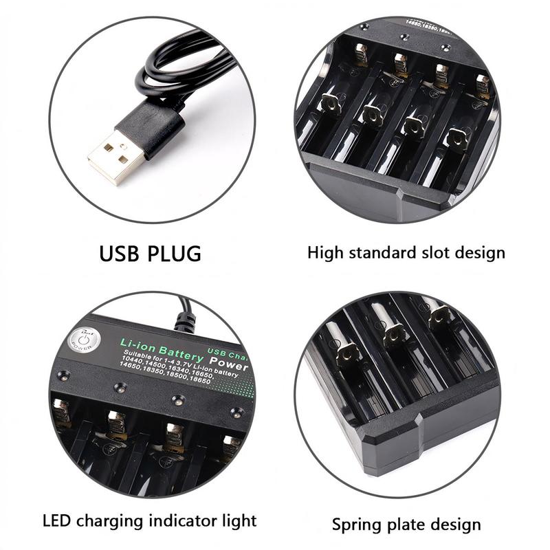 4-slot Battery Charger, USB Powered Battery Chargers, Independent Charging Battery Charger for 10440 14500 14650 16340 16650 18350 18500 18650 Battery