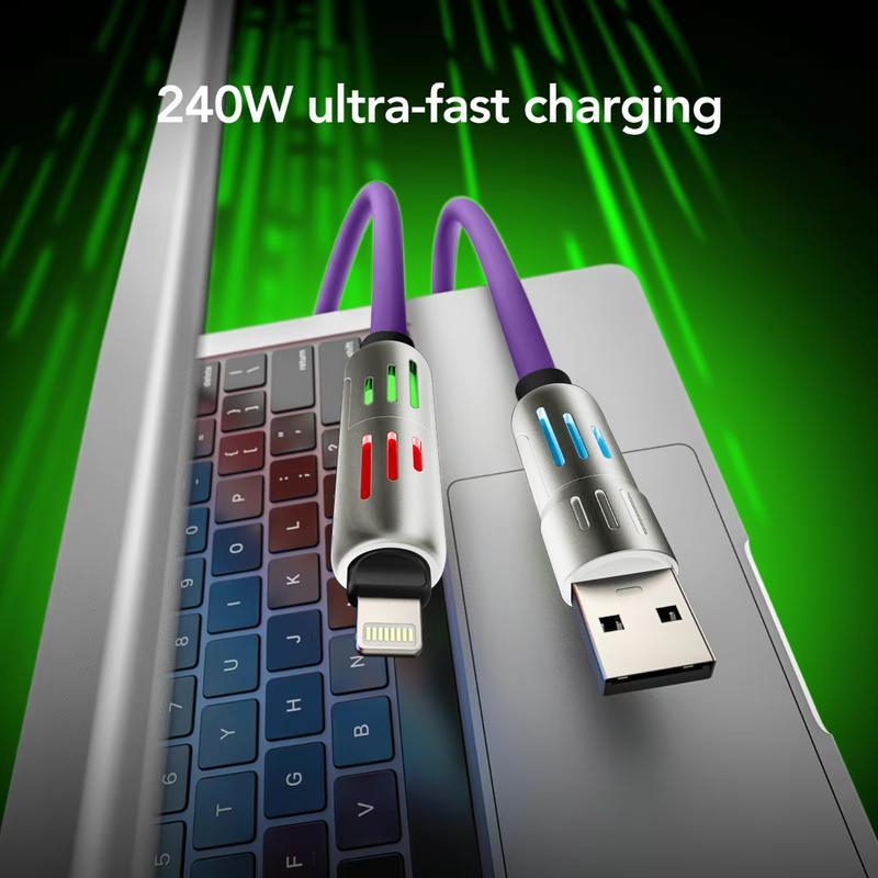 Christmas Promotion-Purple 4-in-1 USB Charging Cable, fastcharging cable MAX 240W USB A+ TYPE C + Lightning Multi national aluminum alloy cable management 240W suitable for iPhone 15 14 Samsung Galaxy,   USB-C Fast orange  charger