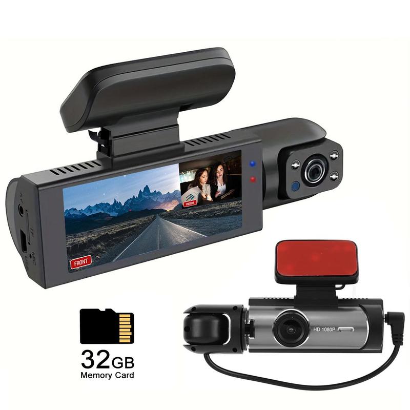 Front & Inside Dashcam, 1 Count Dash Camera for Car, Car Dashcam with 32GB Memory Card, Wide Angle Car Driving Recorder with IR Night-Visionr, 3.16 Inch lPS Screen 1080P HD Car Camera with Dual Lens, Fall Gift Birthday Gifts