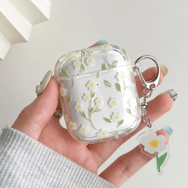 Floral Pattern Earphone Case with Keychain, Anti-fall Decorative Earphone Protector Cover Compatible with Airpods, 1 Count TPU Clear Earphone Protective Case with Keychain for Airpods 1 2 3 Pro